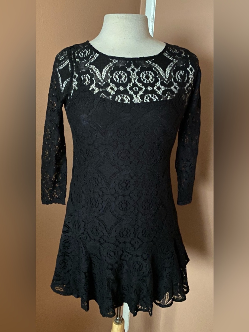 Free People Black Lace Fit & Flare Dress 3/4 Sleeve Boho Size 0 xsmall - Picture 3 of 9